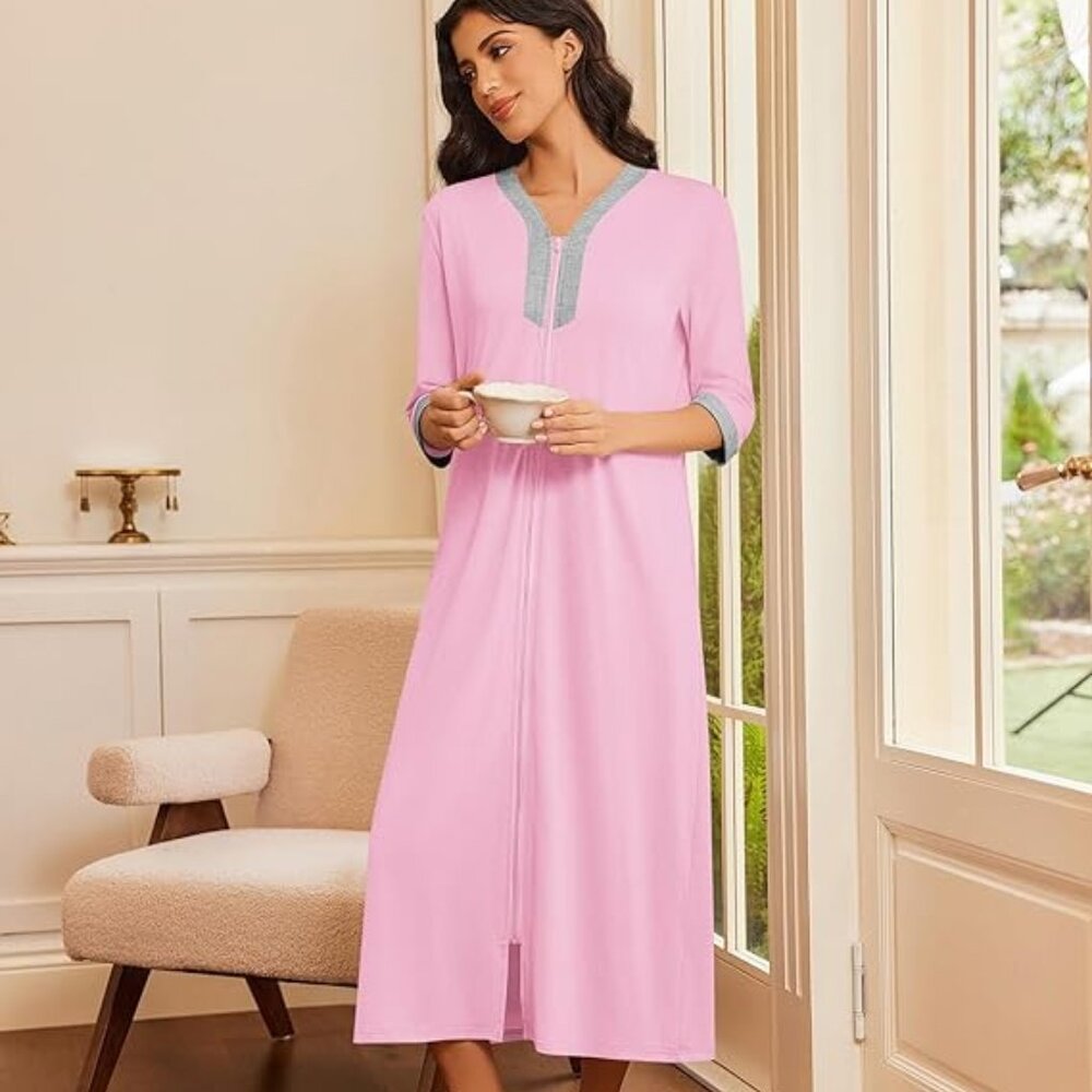 Ekouaer Women's Zipper Robe 3/4 Sleeves Housecoat Full Length Nightgown Robe NWT